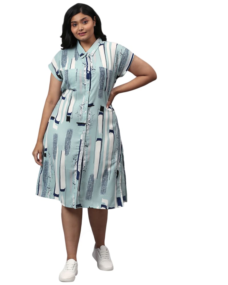 Front of a model wearing a size 5XL Printed Button Down Dress in Mint by Instafab Plus. | dia_product_style_image_id:293843